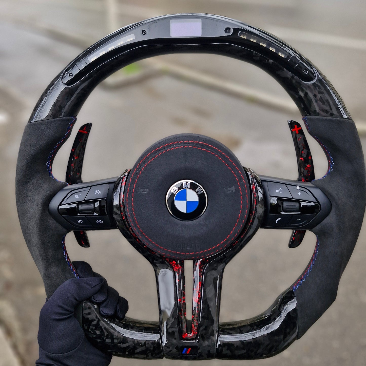 Alcantara with Forged Carbon Fiber and Alcantara airbag cover Led Steering Wheel For BMW F Series