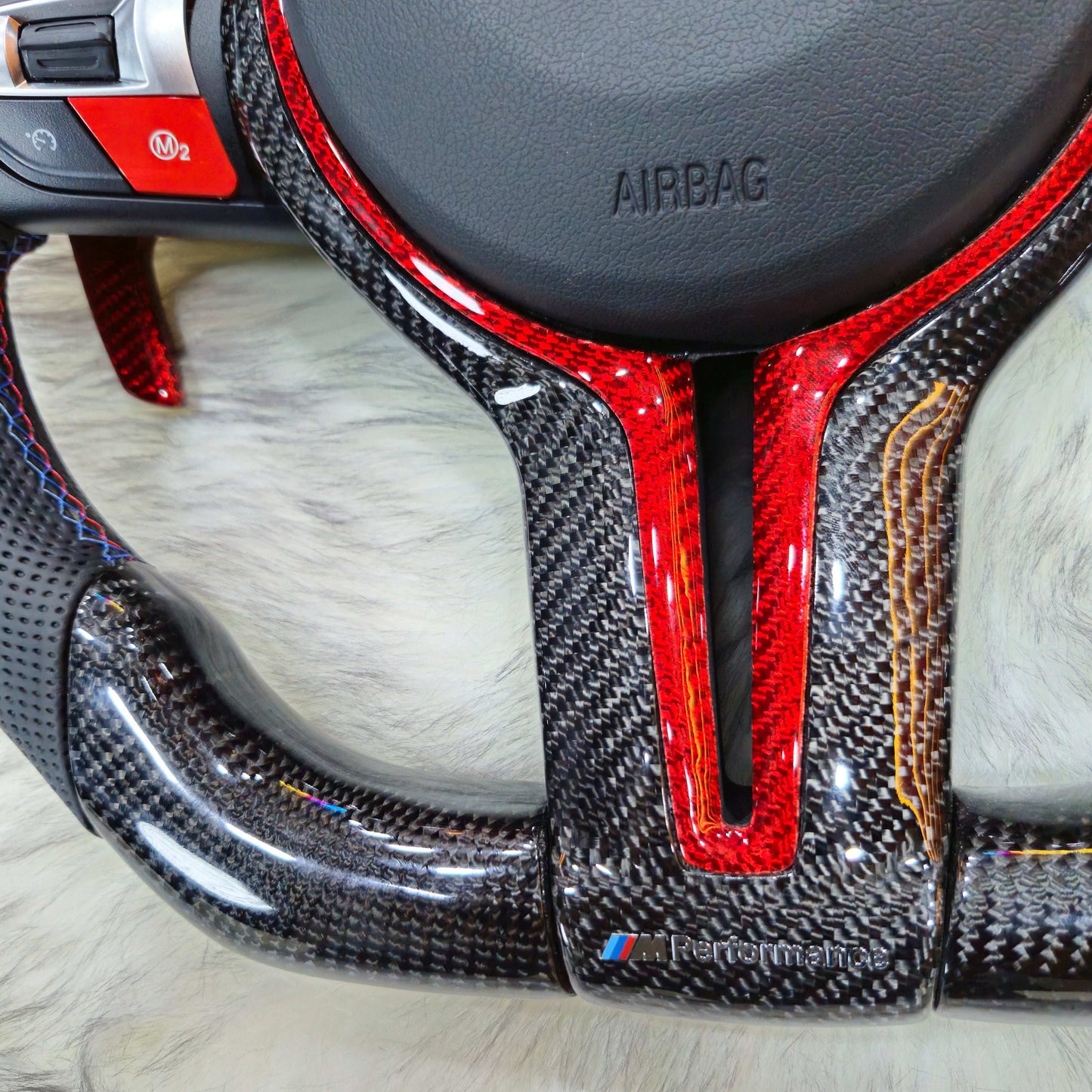 Carbon Fiber Red Trim with Led Steering Wheel for BMW F Series left bottom side