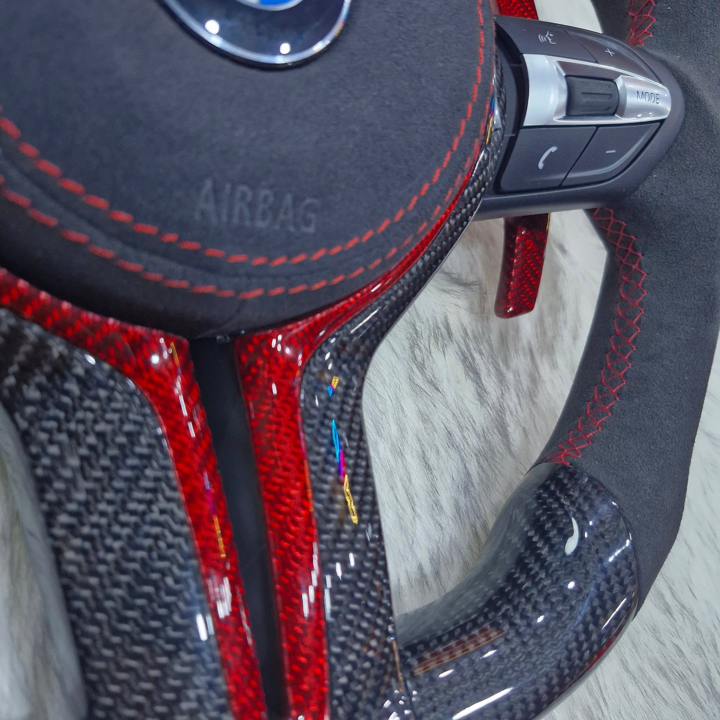 Carbon Fiber with Alcantara Red Carbon Trim Steering wheel For BMW F Series bottom right side