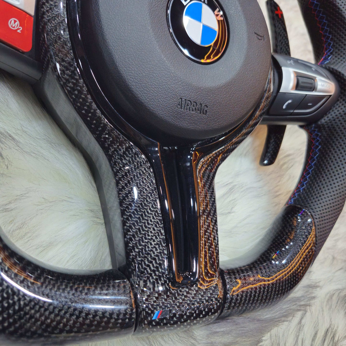 Carbon Fiber  with Led Steering wheel M1 M2 Red Buttons For BMW F Series right bottom side