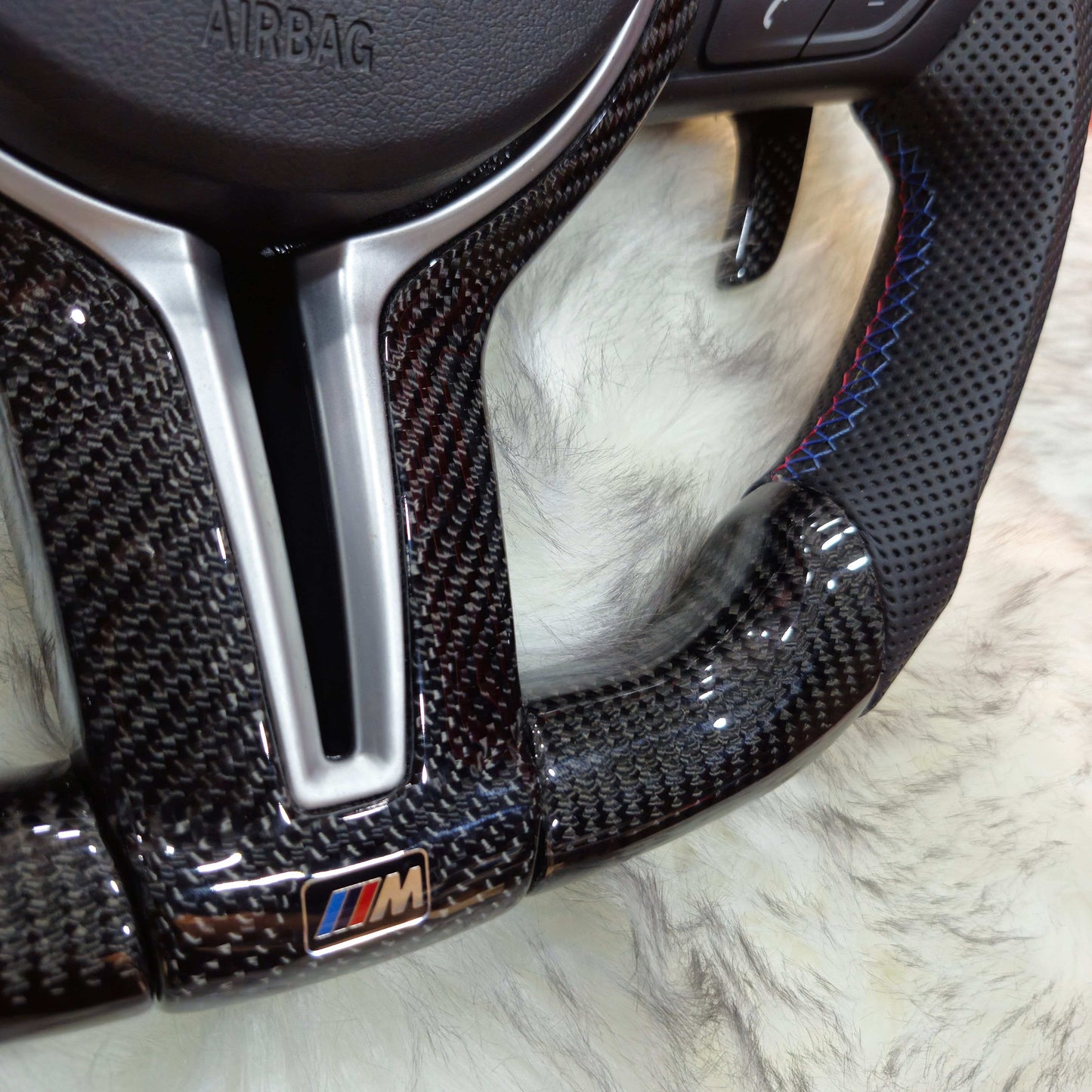 Carbon Fiber with Silver Trim , M color Stripe Steering Wheel For BMW F Series bottom side
