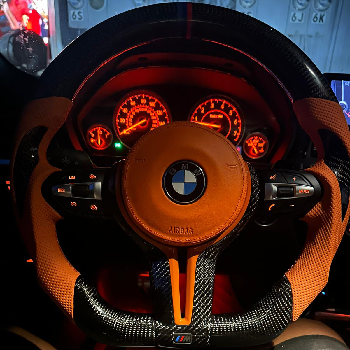 For BMW F10 F30 and F Series Fit Orange Leather Car Steering Wheel   Carbon Fiber Steering Wheel