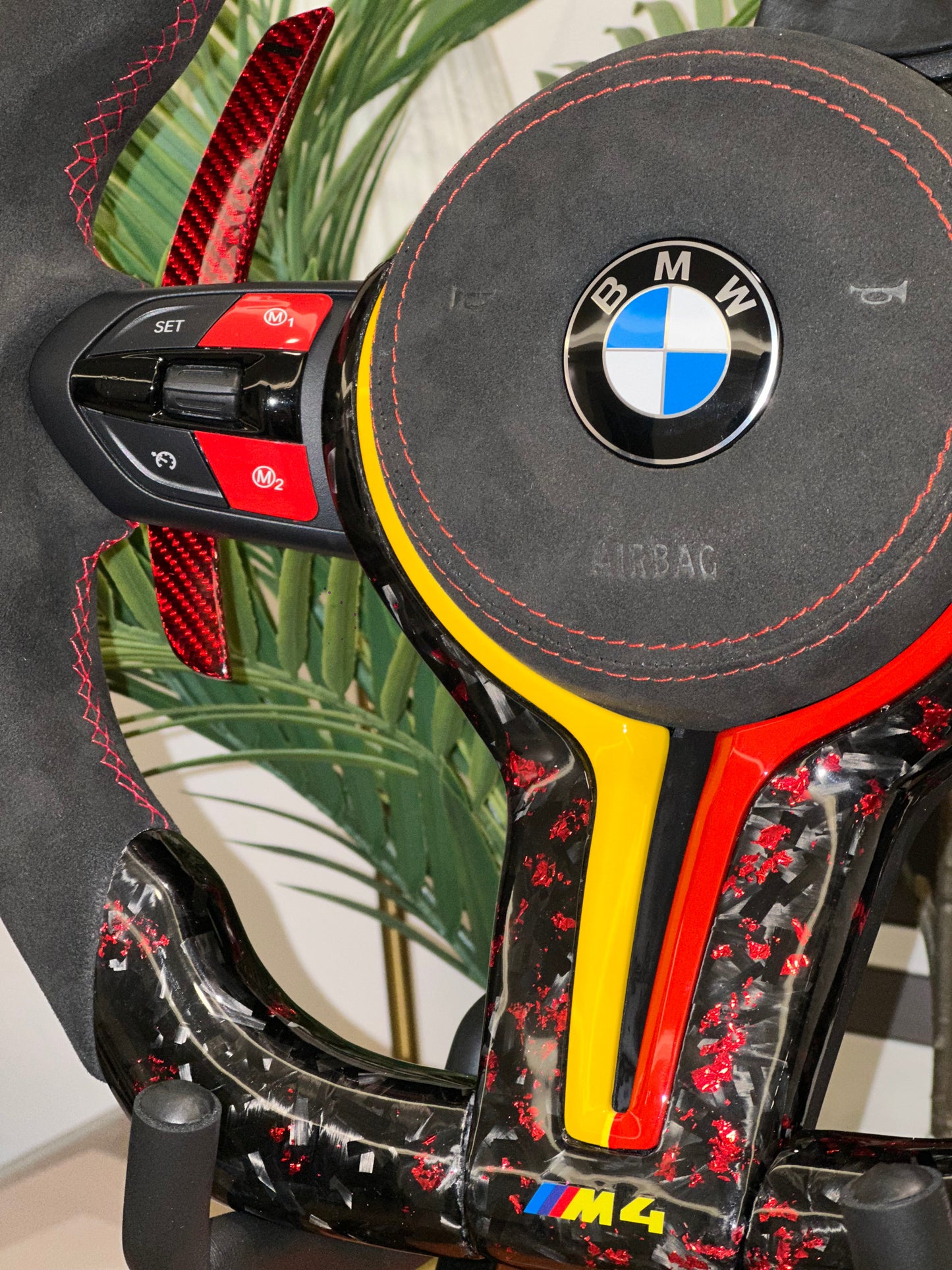 Forged Red Carbon Steering Wheel with Led For BMW F Series left side