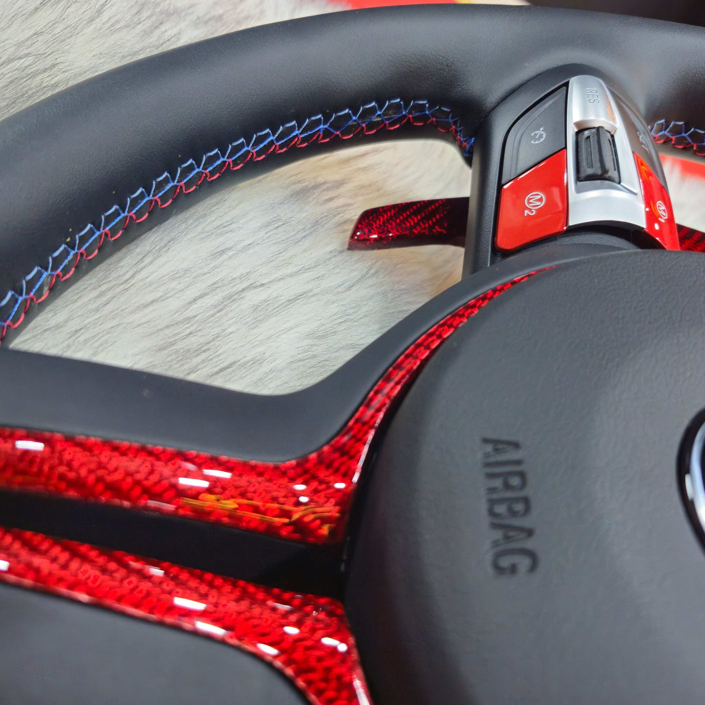 Nappa Leather steering wheel with Red Carbon Trim and Led display For BMW F Series