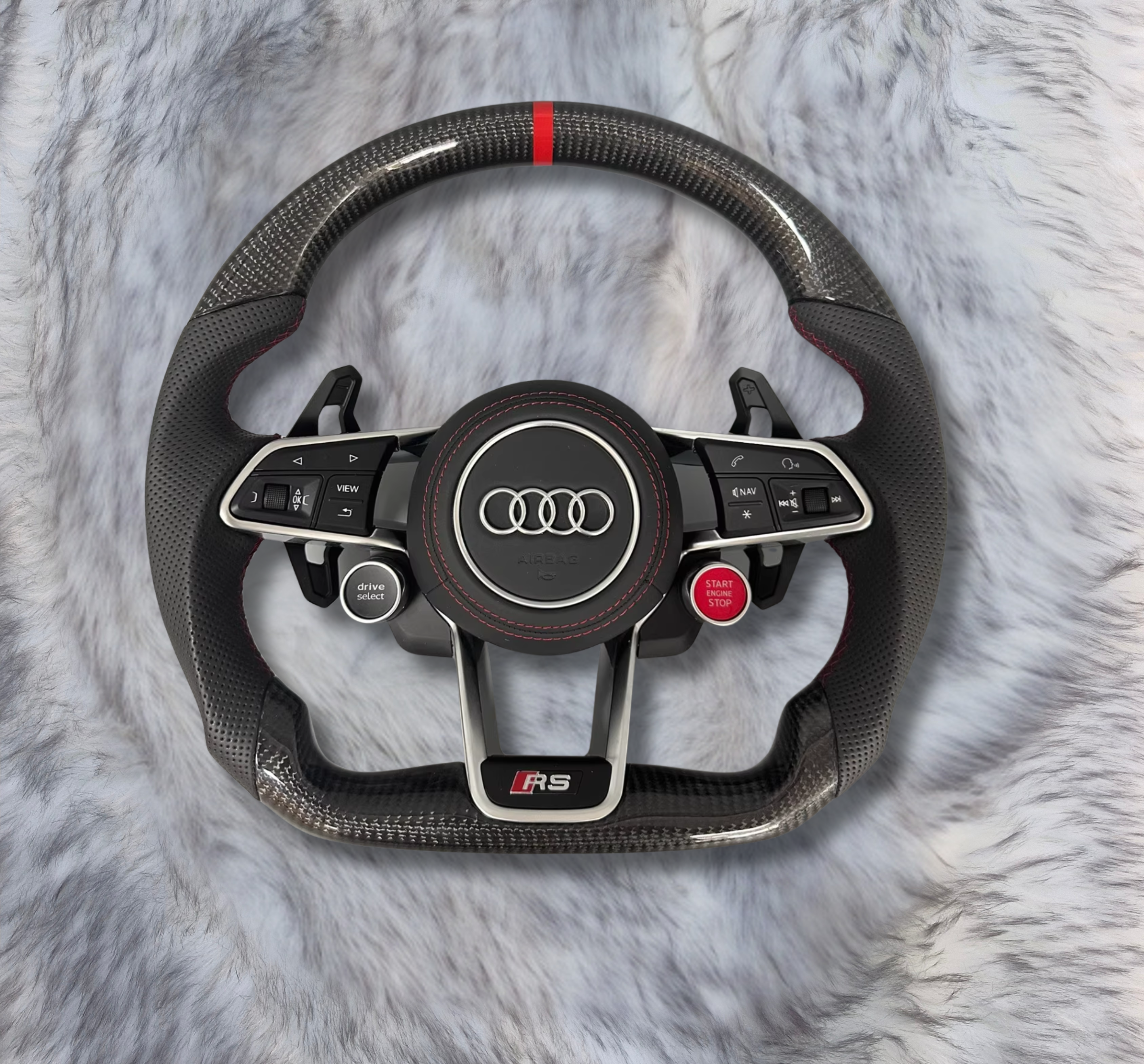 Audi RS Style Carbon Fiber Steering Wheel A3243 – Perforated Leather Grip – Flat Bottom – With Airbag