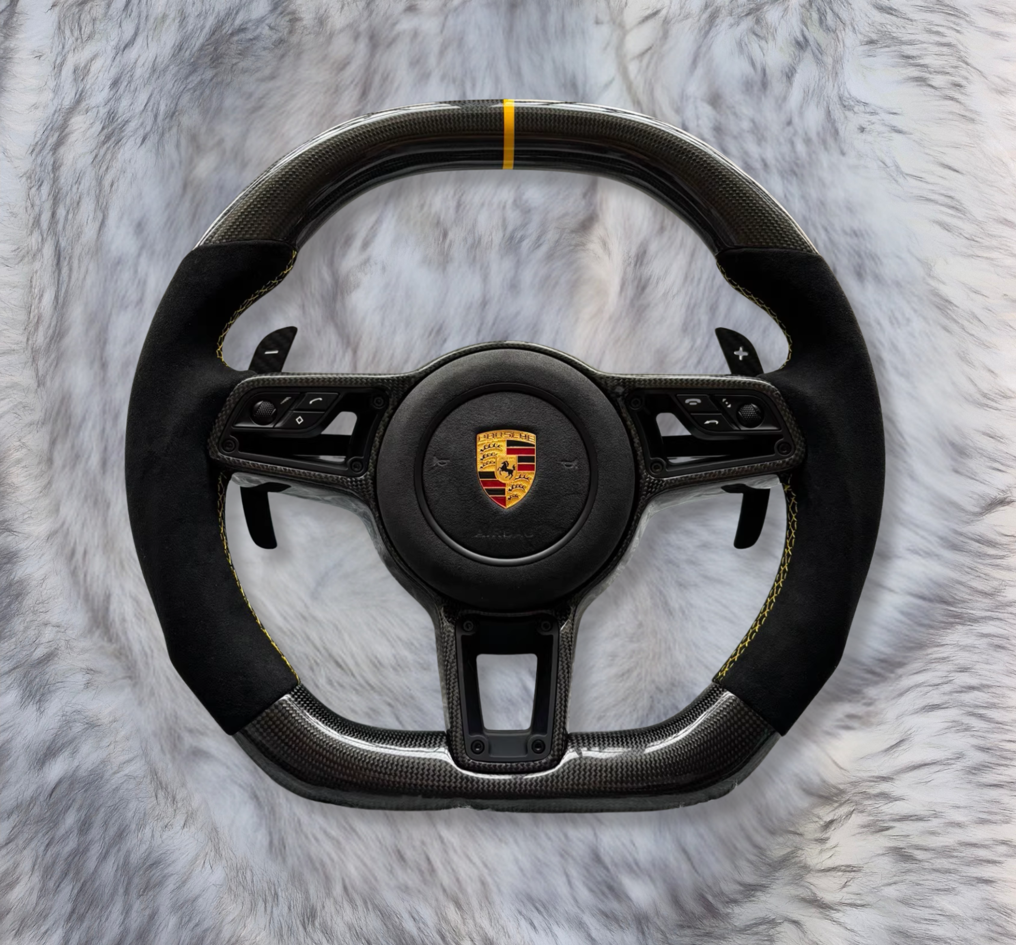 Porsche Carbon Fiber Steering Wheel P2148 – Alcantara Grip – Yellow Stripe – With Airbag