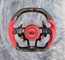 Audi R8 Style Forged Carbon Steering Wheel A3232 – Red Perforated Leather – Flat Bottom – With Airbag