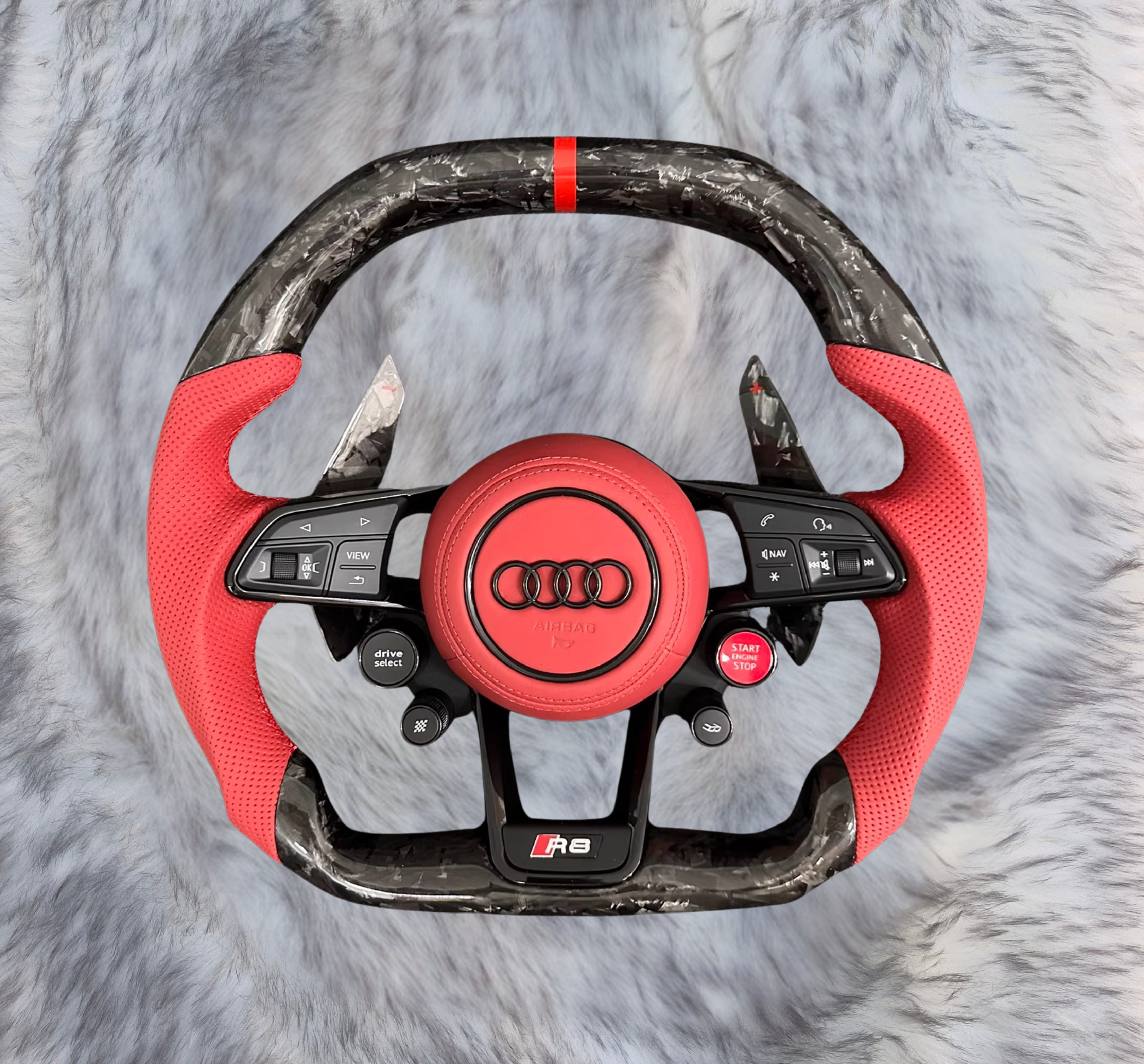 Audi R8 Style Forged Carbon Steering Wheel A3232 – Red Perforated Leather – Flat Bottom – With Airbag