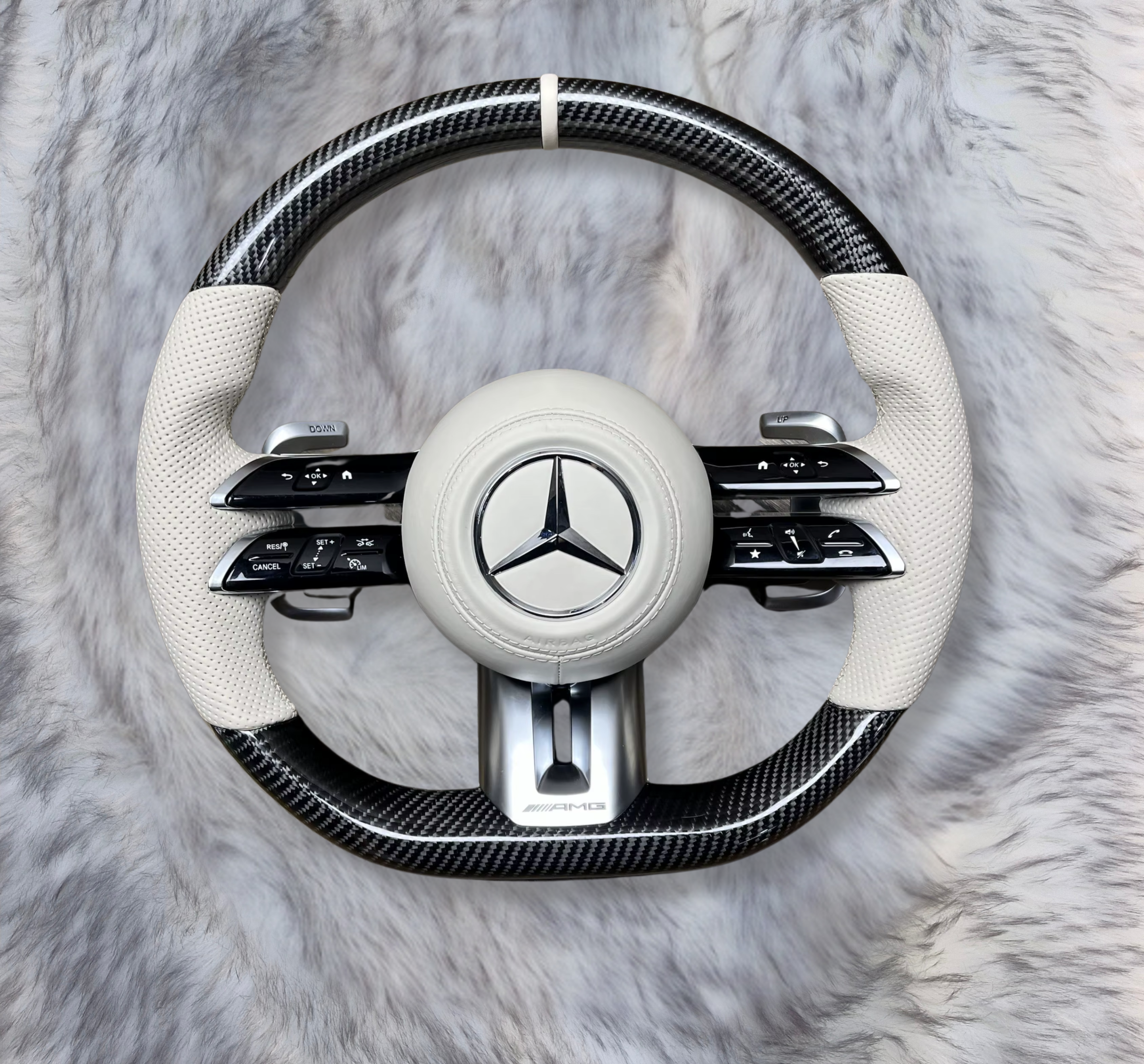 Mercedes-Benz AMG Carbon Fiber Steering Wheel M1256 – White Perforated Leather – With Airbag