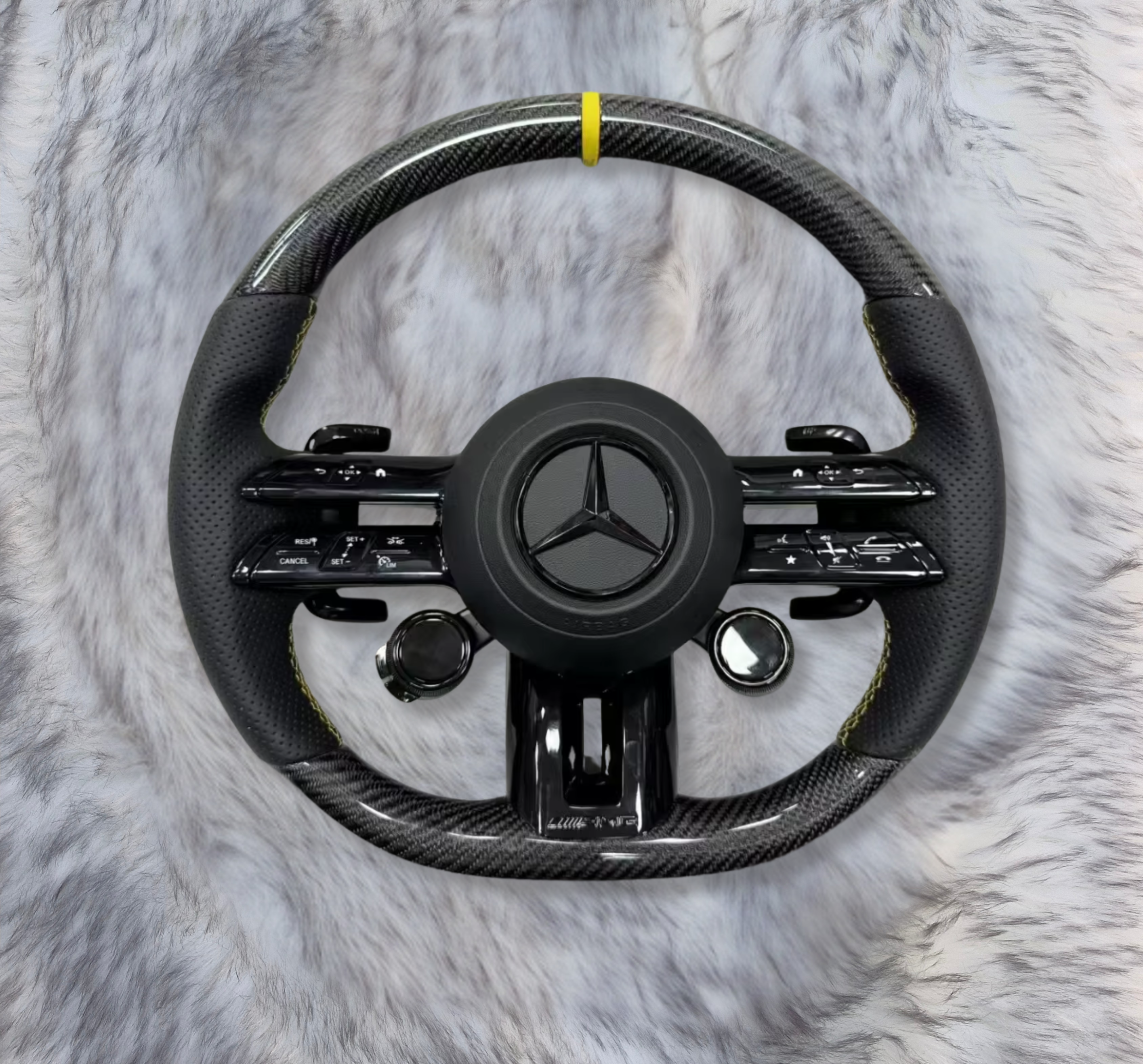 Mercedes-Benz AMG Carbon Fiber Steering Wheel M1243 – Black Perforated Leather – Yellow Stripe – With Airbag