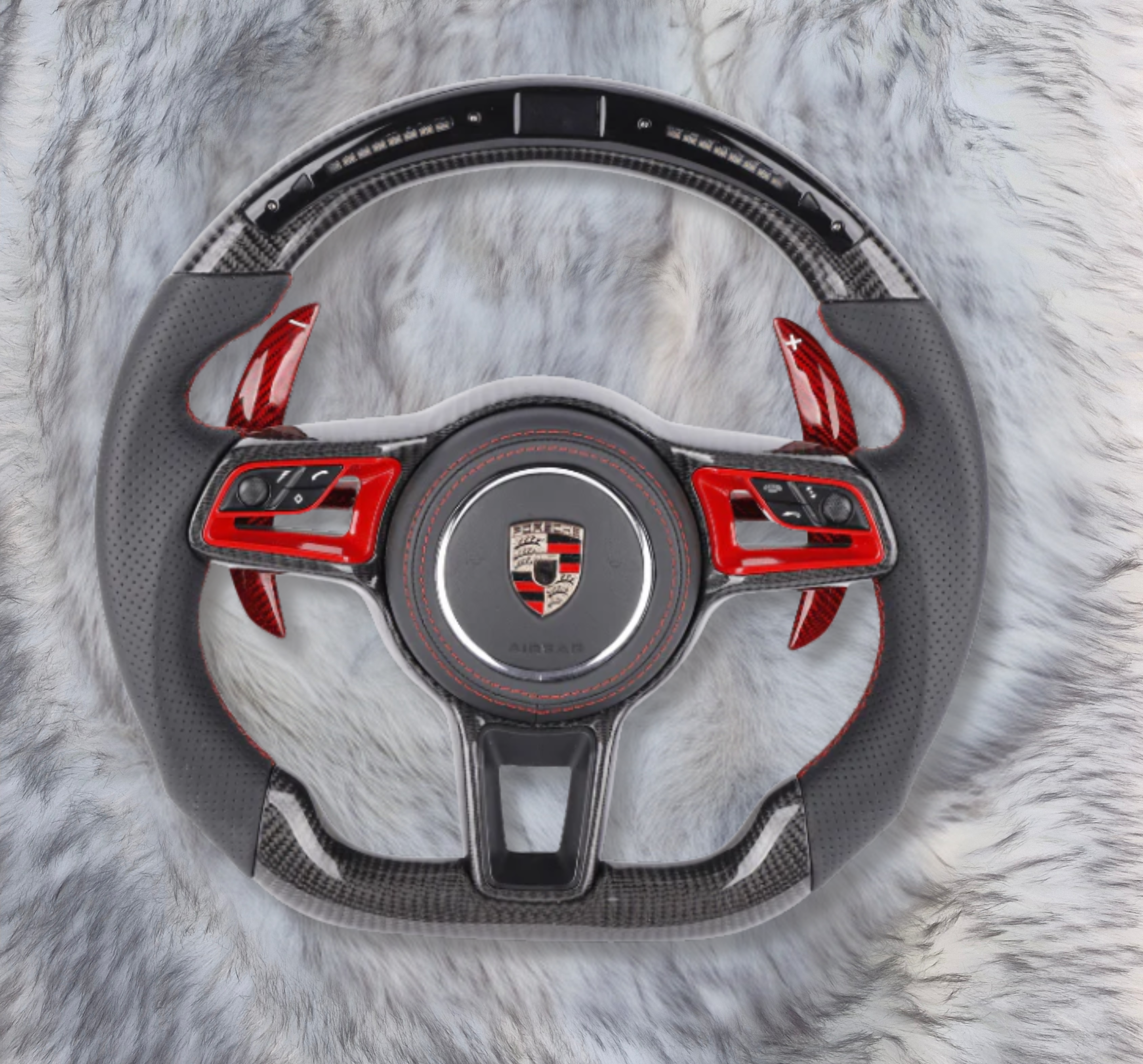 Carbon Fiber Steering Wheel P2111 – Red Trim – Perforated Leather – Suitable for Porsche Models