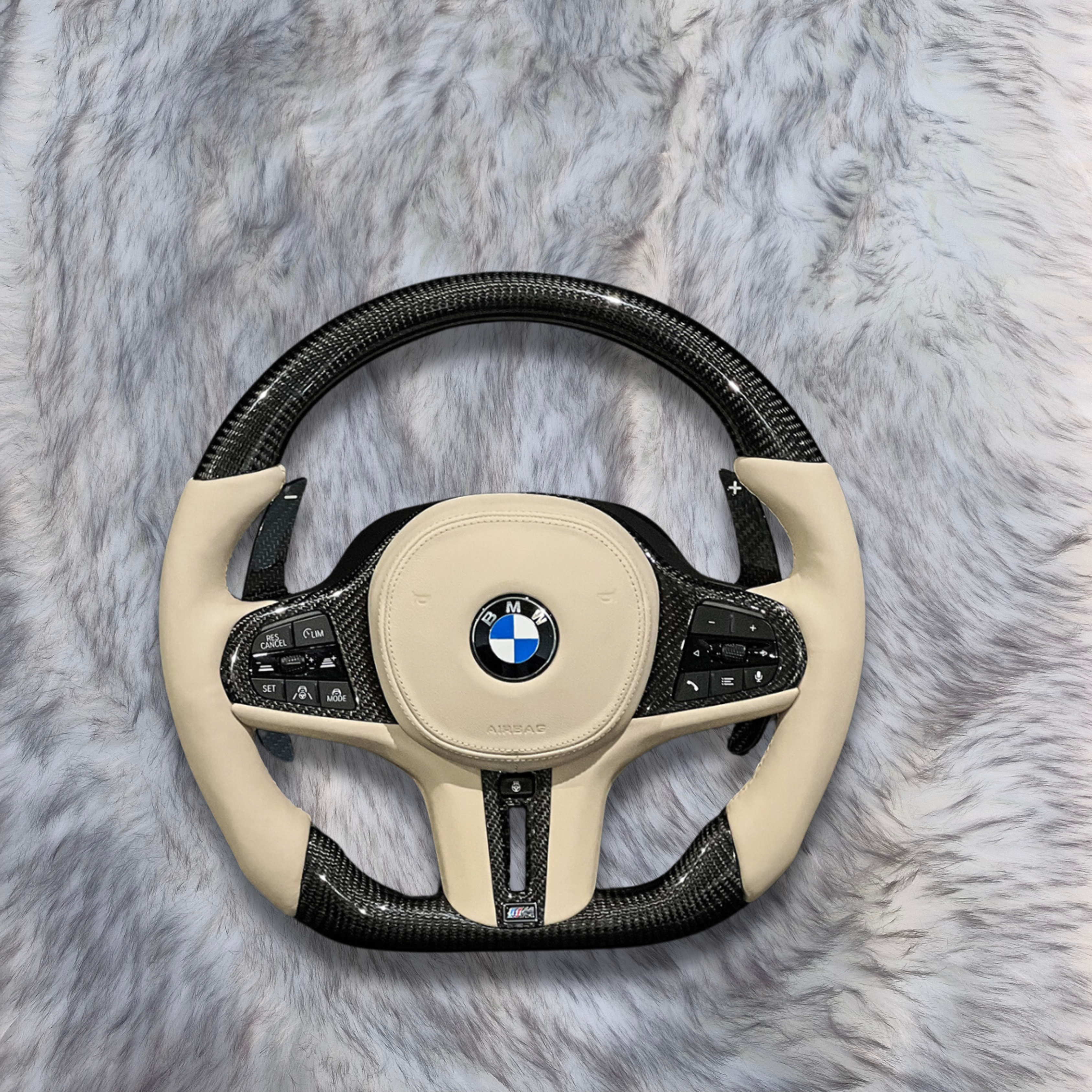 Beige Leather beige Airbag Cover Carbon Fiber Steering Wheel For BMW F90  G05 G20 G30 G80 G82  G Series Fit Customized upgrade Steering Wheel
